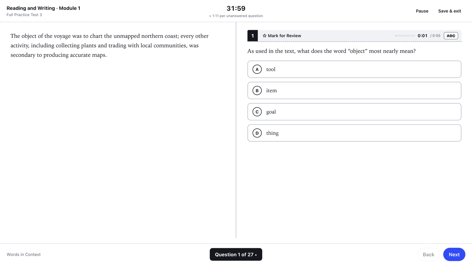The Pacefinch test runner: a reading passage beside its question, with a module countdown and a per-question stopwatch