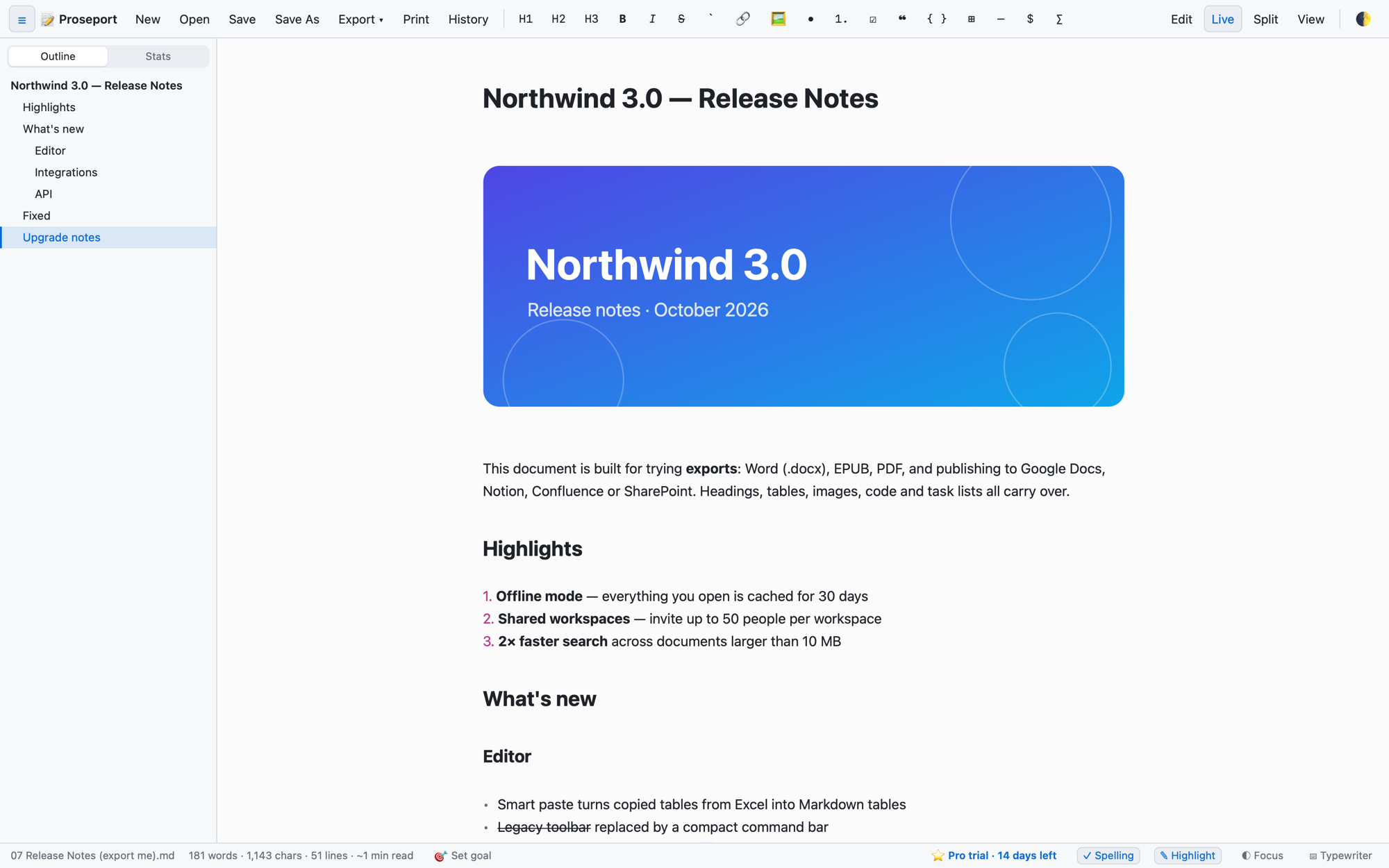 Proseport's live preview: Markdown on the left, the rendered document updating as you type on the right
