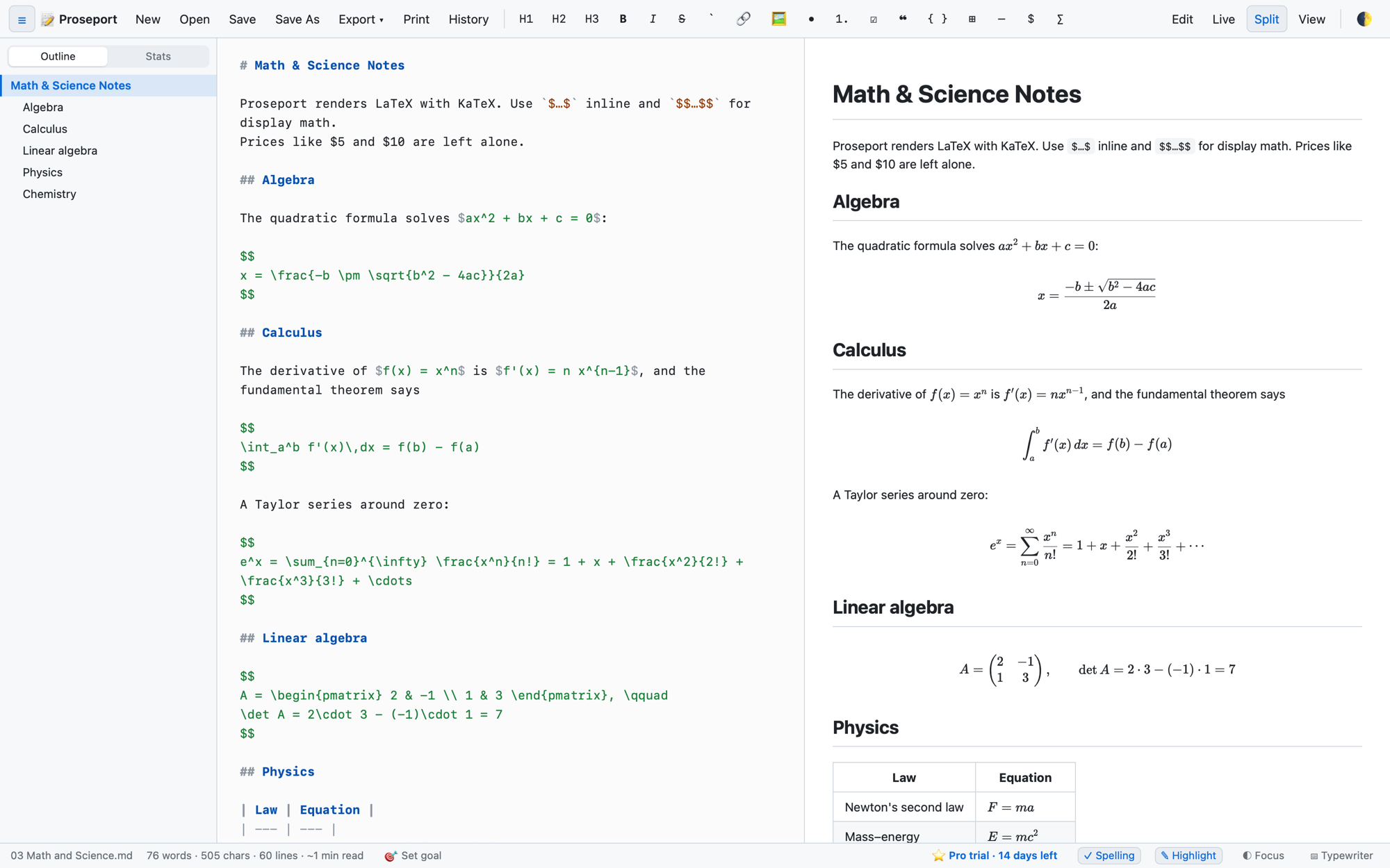 Split view in Proseport with mathematical notation rendered beside its source